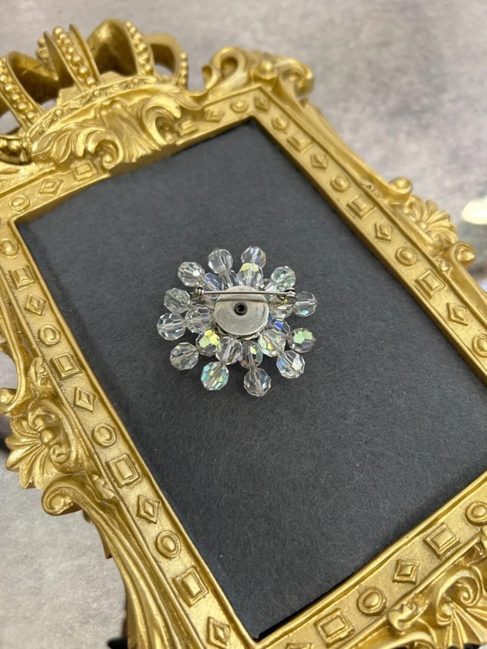 Vintage Crystal Aurora Borealis Flower Brooch - Sparkling Clear Rhinestone Pin